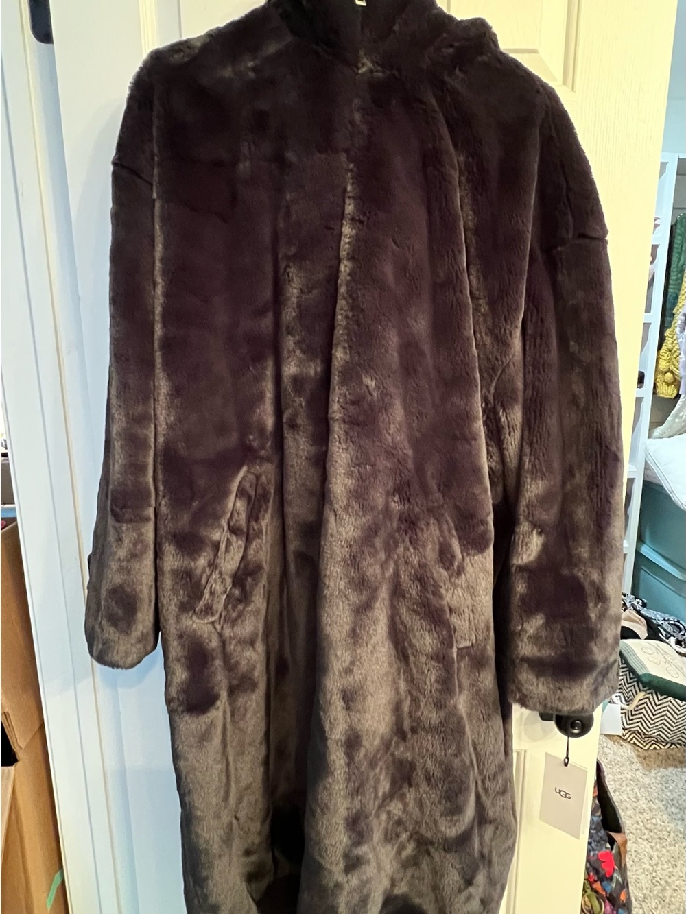 UGG Women’s Long Faux Fur Coat in Black- Classic Winter Outerwear